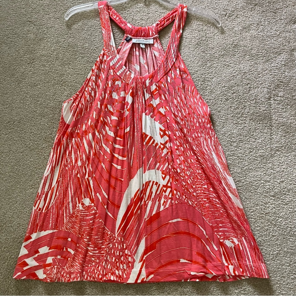 Jennifer Lopez Orange White Print Halter Top with Shiny Silver Dots on Front M